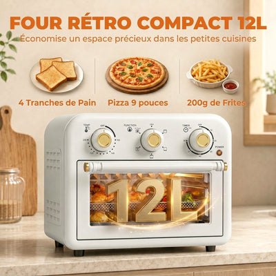 Four Friteuse à Air Chaud 12L, Four à Air Chaud Convection 1200 W avec Plaque de Cuisson, Panier de Friture, Crème