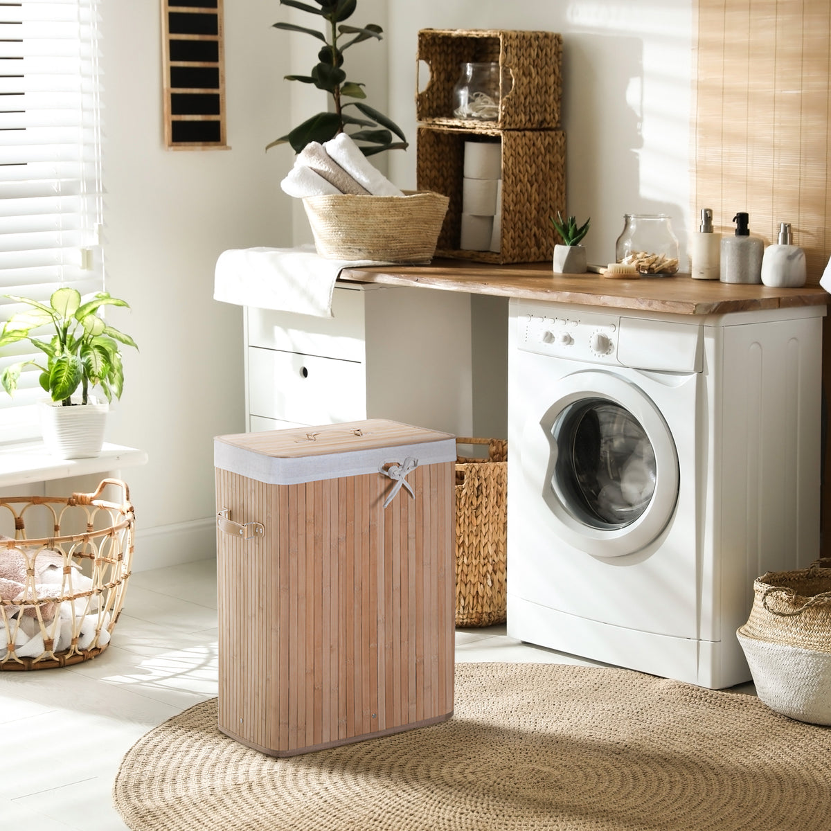 Panier à linge corbeille à linge bac à linge bambou pliable couvercle sac amovible 3 poignées PU 40L x 30l x 60H cm beige