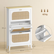 Meuble à chaussures 21 paires bohème avec 3 tiroirs rabattables, portes effet cannage rotin, 80 x 24 x 131 cm, blanc