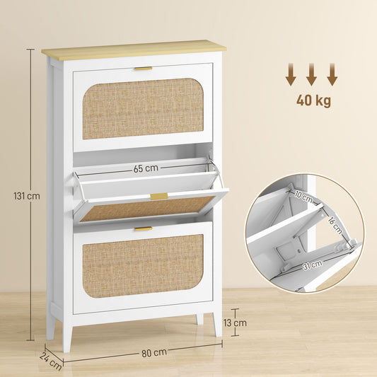 Meuble à chaussures 21 paires bohème avec 3 tiroirs rabattables, portes effet cannage rotin, 80 x 24 x 131 cm, blanc