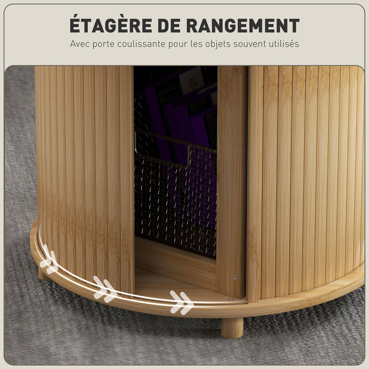 Table basse ronde table de salon en bambou avec rangement caché et porte coulissante, dim. Ø 60 x 45H cm, bois naturel Aosom