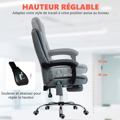 Fauteuil de bureau massant et chauffant, chaise de bureau, hauteur réglable, dossier inclinable, 65x70x111-119cm, gris
