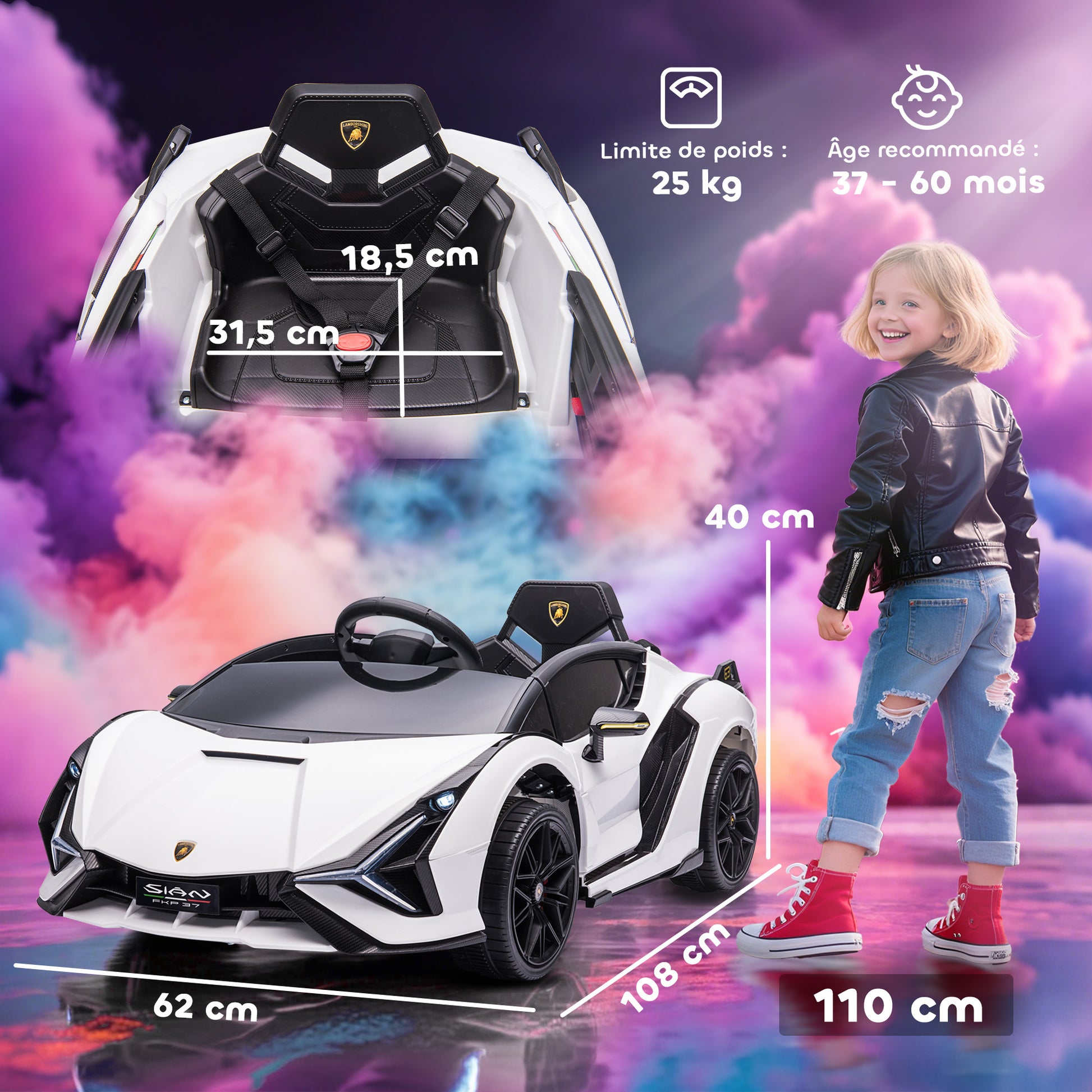 Voiture électrique Enfants de Sport Véhicule électrique Lamborghini Sian 12 V - V. Max. 5 Km/h avec Télécommande 2,4G Effets sonores + Lumineux Blanc