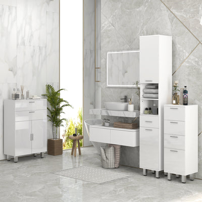 Meuble de salle de bain sur pied - 4 tiroirs et base surélevée, commode salle de bain salon chambre, 30x30x93cm, blanc