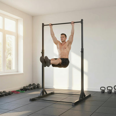 Station de musculation et barre de traction power tower 200 kg avec 8 niveaux de hauteur noir