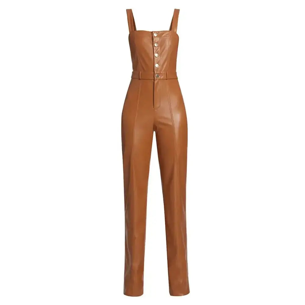 Women’s Camel Brown Buttoned Front Vegan Leather Jumpsuit Riders Republic UK