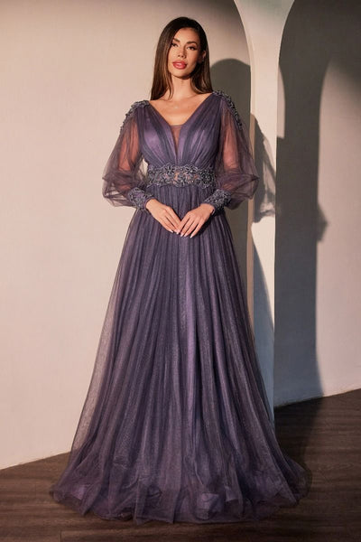 Deep Mauve Tulle Gown with Sheer Long Sleeves & Floral Beaded Waist CD0938