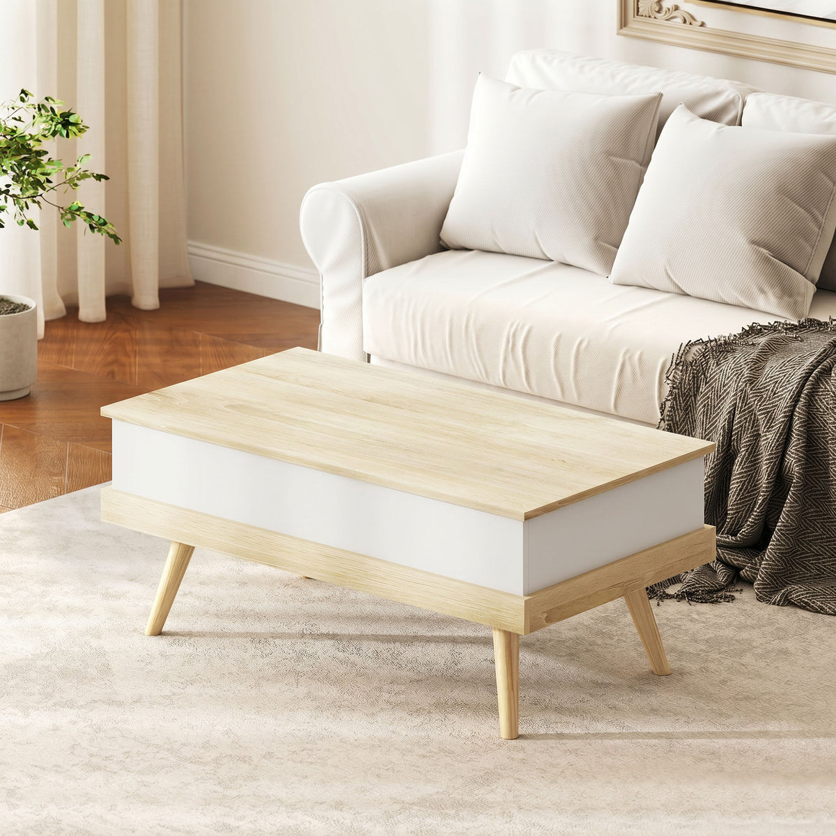 Table Basse Relevable avec 3 Compartiments Cachés, Table de Salon Moderne, Pieds en Bois, 100x79x54cm, Naturel Blanc
