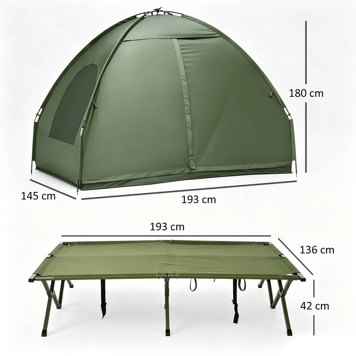Set de tente de camping pour 2 personnes avec lit de camp et, vert