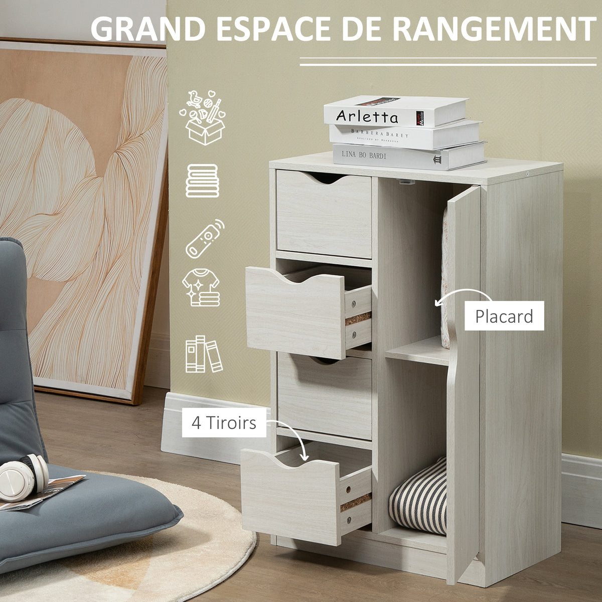 Meuble de rangement buffet commode moderne 1 placard et 4 tiroirs - en bois - pour salon, cuisine, entrée, salle à manger - blanc