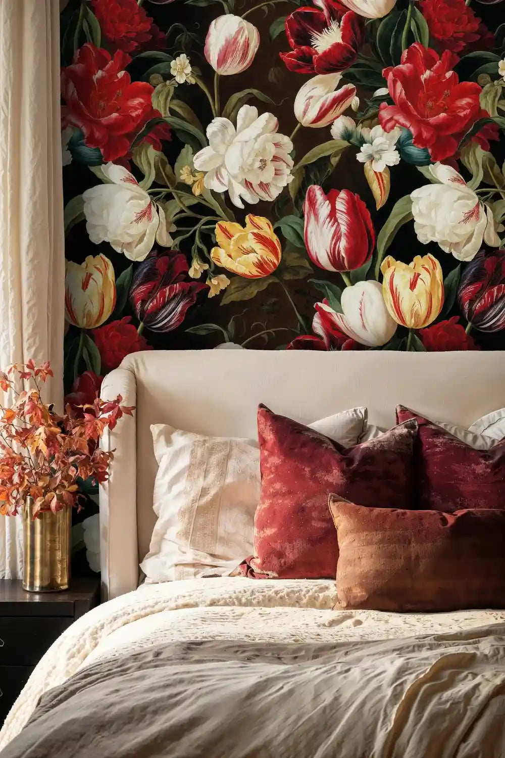 Dark Botanical Tulips and Peonies Wallpaper