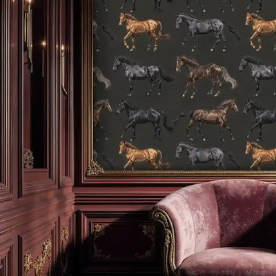 Equestrian Horses Wallpaper in Black and Brown