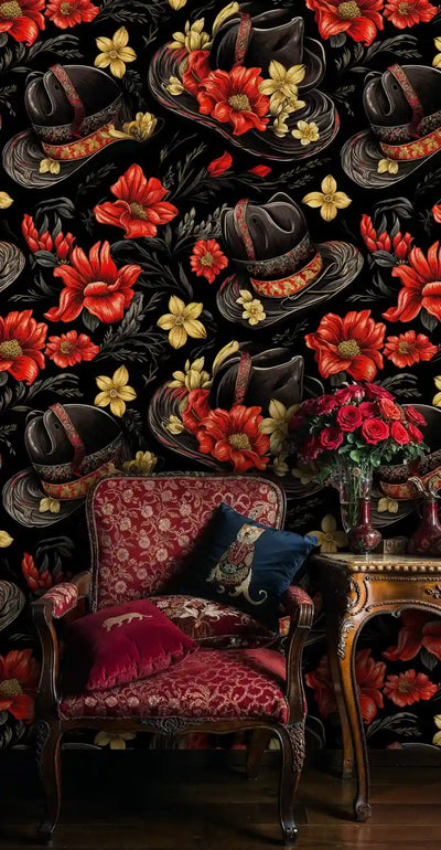 Ornate Western Hats Floral Wallpaper