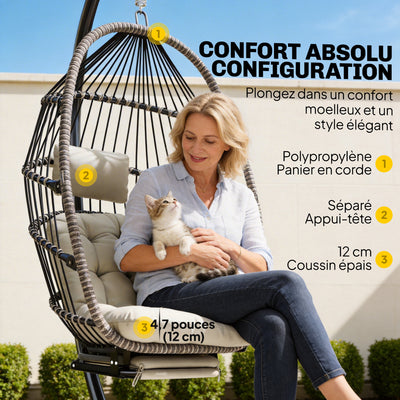Fauteuil suspendu avec support, chaise suspendue pliante avec repose-pieds rétractable, gris clair