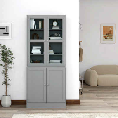 Bibliothèque vitrine, meuble de rangement à 6 niveaux avec 4 portes dont 2 en verre trempé, étagères réglables, gris