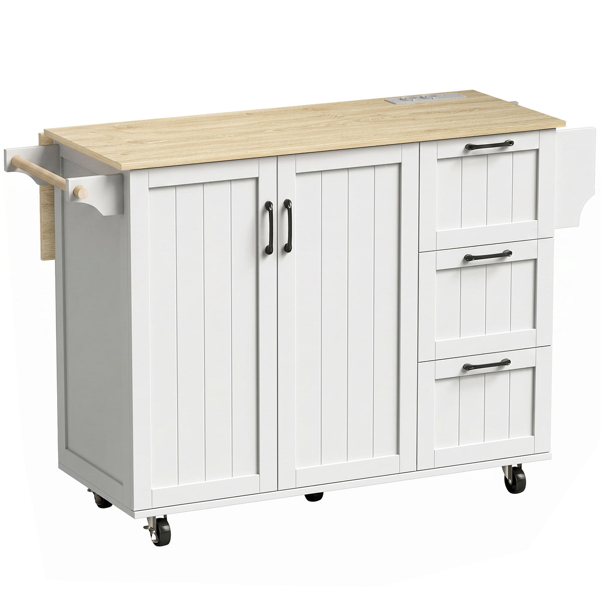 Îlot Central Cuisine avec Plateau Rabattable 2 Prises et 2 Ports USB Desserte de Cuisine sur Roulettes 3 Tiroirs Blanc