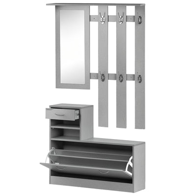 Ensembles 3 en 1 de meuble d'entrée vestiaire avec panneau porte-manteau, miroir et banc à chaussures - 6 crochets et étagère réglable, effet béton gris