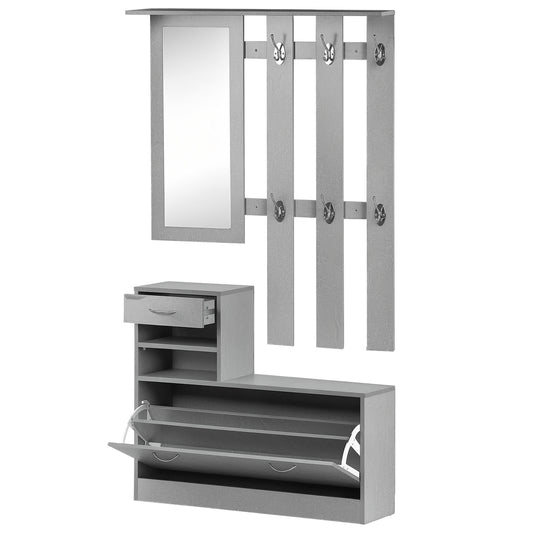 Ensembles 3 en 1 de meuble d'entrée vestiaire avec panneau porte-manteau, miroir et banc à chaussures - 6 crochets et étagère réglable, effet béton gris