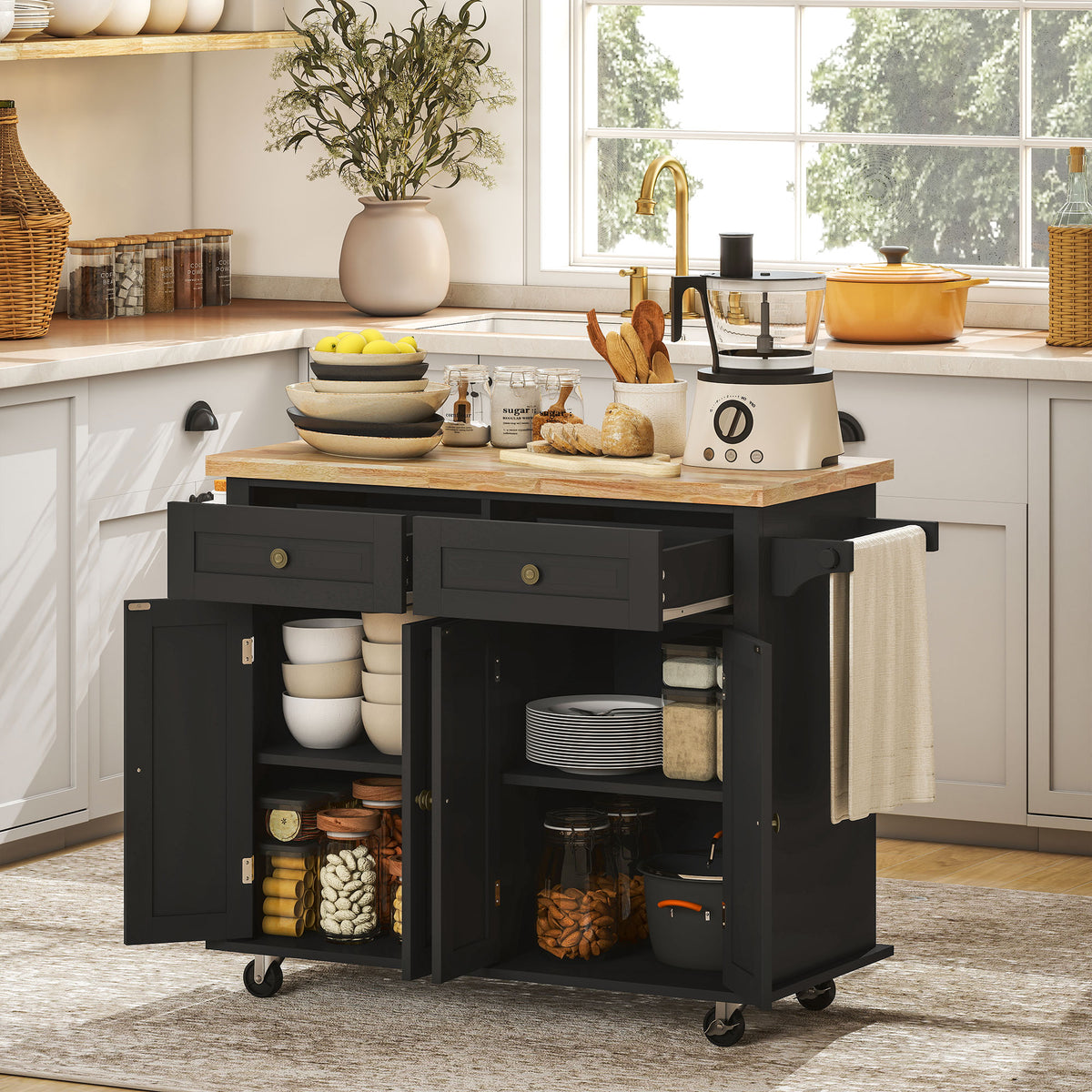 Desserte ilôt de cuisine multi rangements 2 tiroirs 2 placard 2 portes avec étagère range-bouteille Aosom