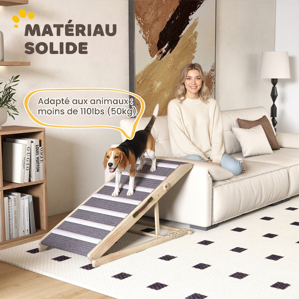 Rampe pour Chien en Bois avec Tapis Antidérapants, 4 Hauteurs Réglables de 35-50 cm, 100x50x50cm, Bois Naturel et Gris