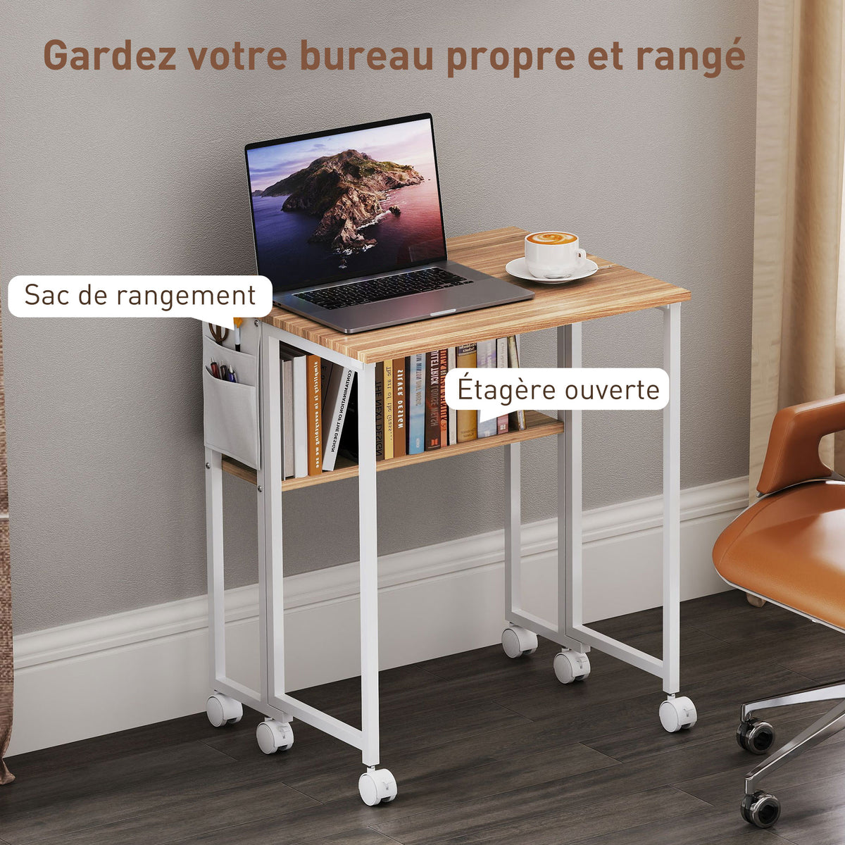 Bureau pliable sur roulettes 63 x 50 cm avec étagère et sac de rangement, bois naturel