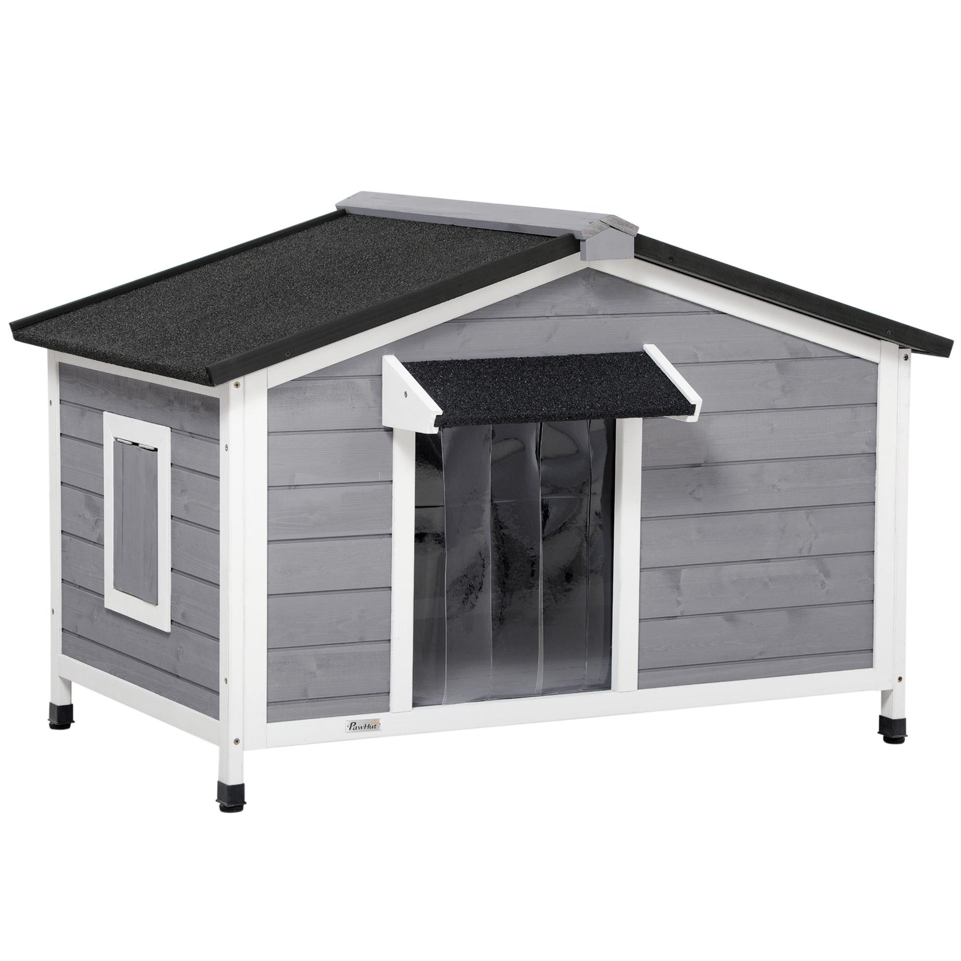 Niche chien style cottage - 2 fenêtres, porte, toit ouvrant bitumé - dim. 109 x 79 x 72 cm - bois sapin gris