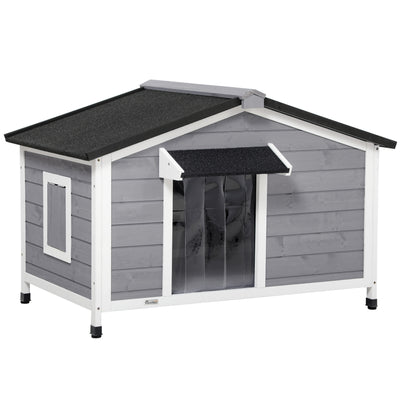 Niche chien style cottage - 2 fenêtres, porte, toit ouvrant bitumé - dim. 109 x 79 x 72 cm - bois sapin gris