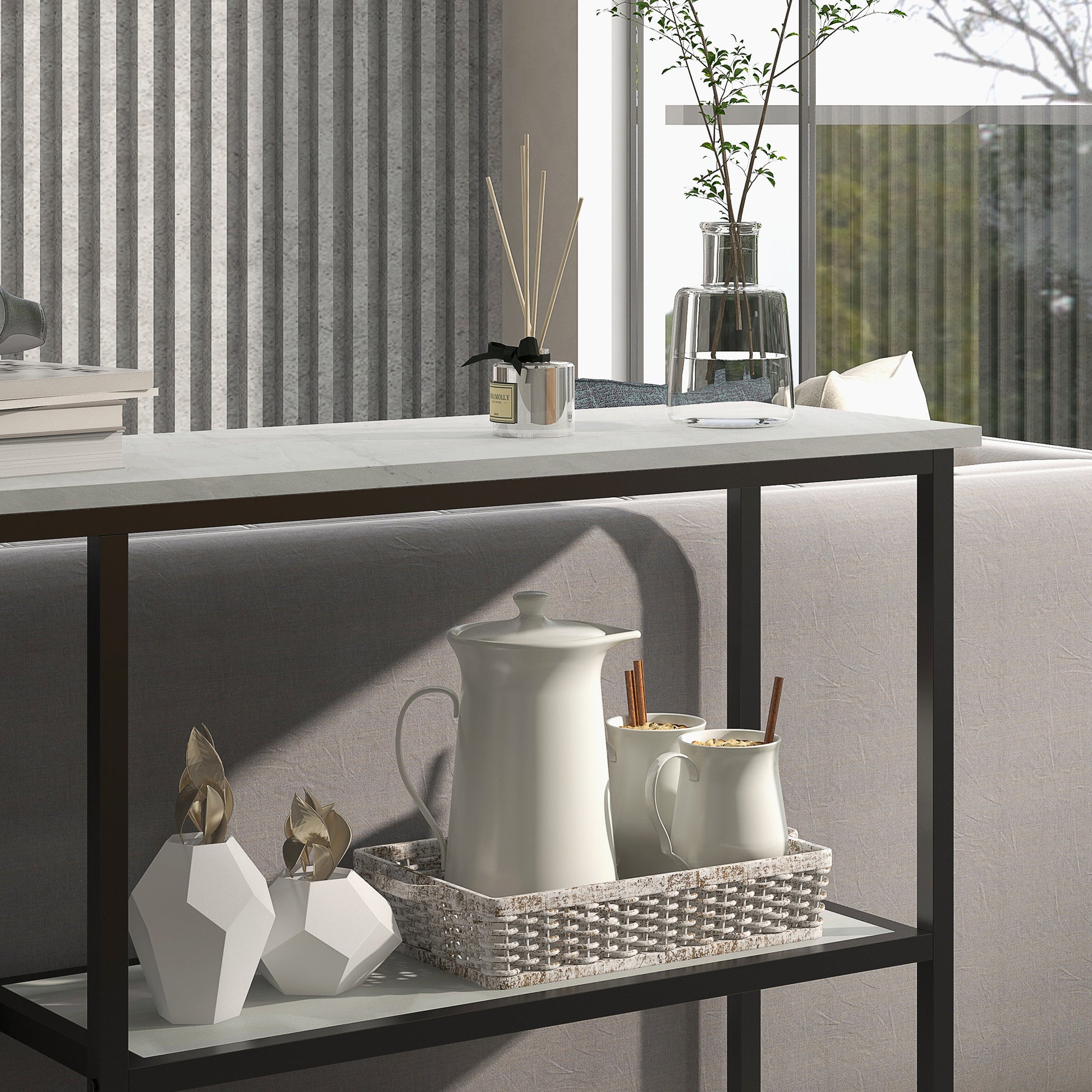 Console meuble 100 cm, table console 3 niveaux, plateaux en effet marbre, cadre en acier, blanc