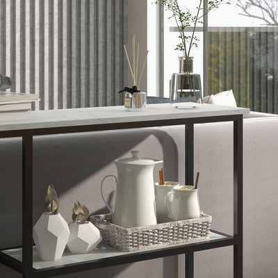 Console meuble 100 cm, table console 3 niveaux, plateaux en effet marbre, cadre en acier, blanc