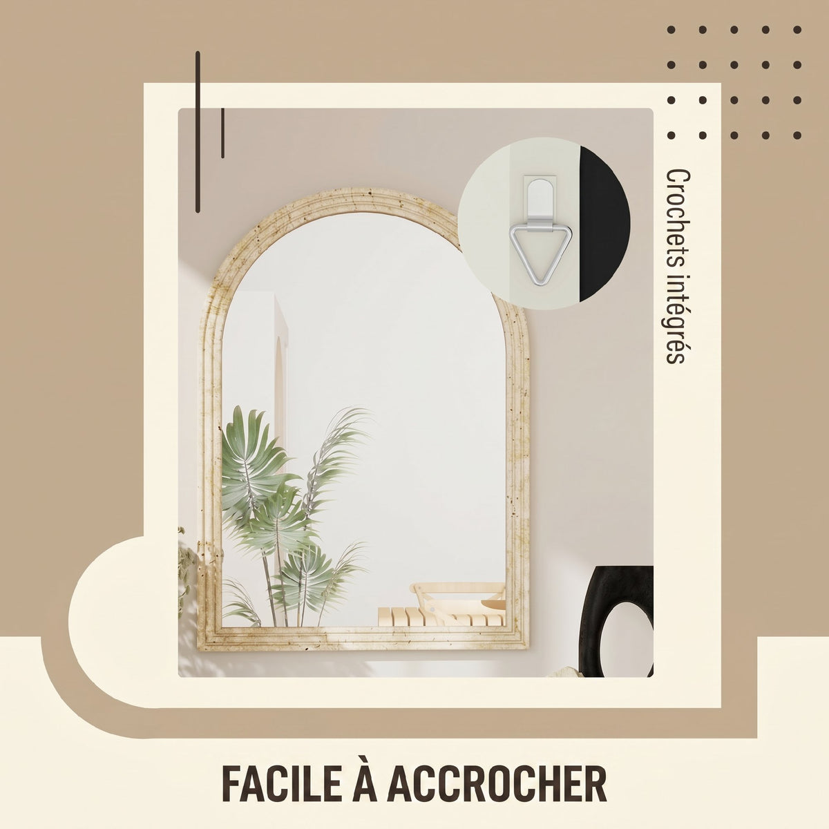 Miroir Mural Arqué, Miroir Moderne avec Bord Rainuré et Crochets, Verre Trempé et Polystyrène, 60 x 90 cm, Beige