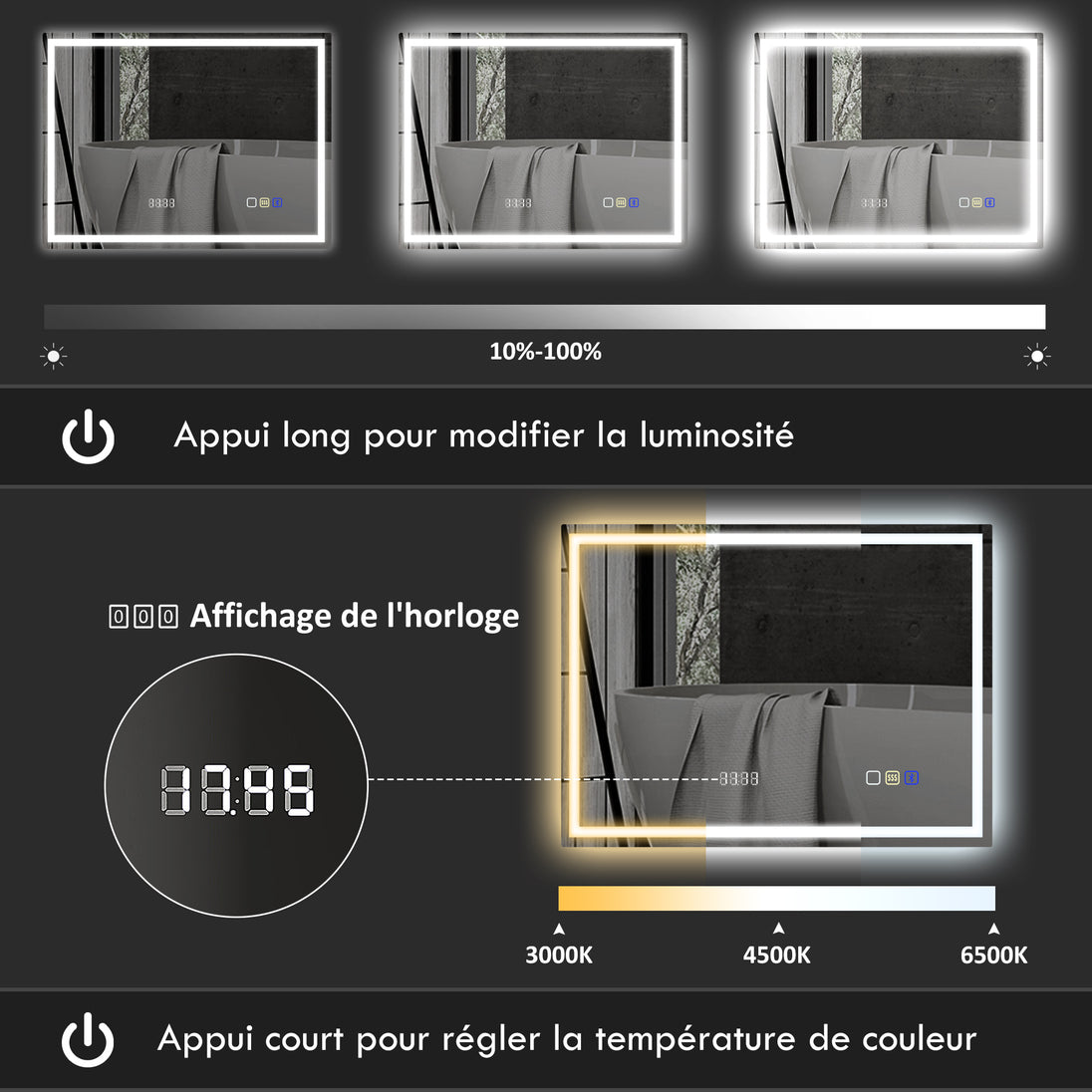 Miroir salle de bain LED bluetooth 80 x 100 cm interrupteur tactile lumière réglable 3 couleurs anti-buée mémoire argent Aosom
