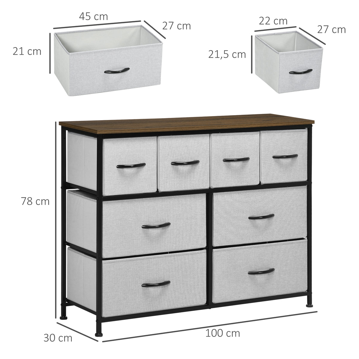 Commode 8 tiroirs meuble de rangement tiroir en tissu pliant - structure acier noir - 100 x 30 x 78 cm