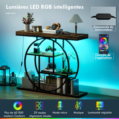 Console meuble avec éclairage LED 100 cm, table console à 4 niveaux avec étagères ouvertes, marron rustique et noir