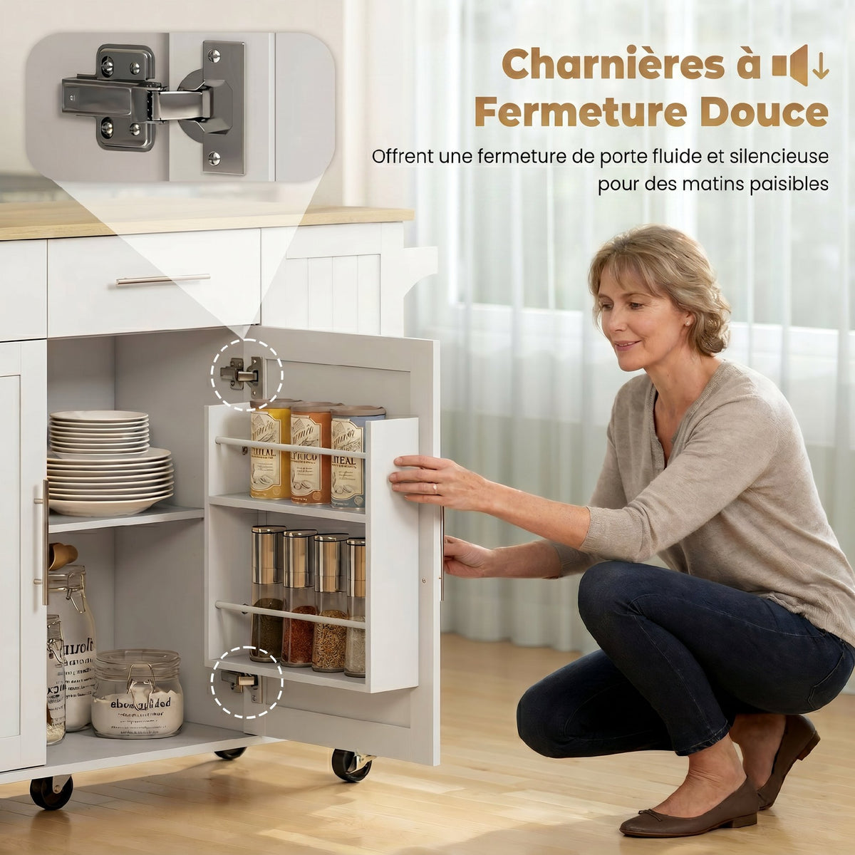 Îlot Central Cuisine avec Plateau Rabattable, Roulettes, 2 Tiroirs, Portes à Fermeture Douce, Porte-Serviettes, Blanc