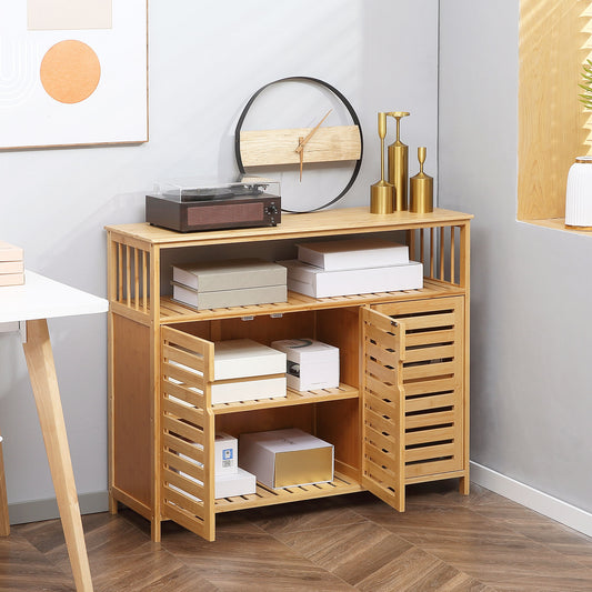 Buffet meuble de rangement 3 portes ajourées et étagères en bambou 100 x 35 x 82 cm naturel