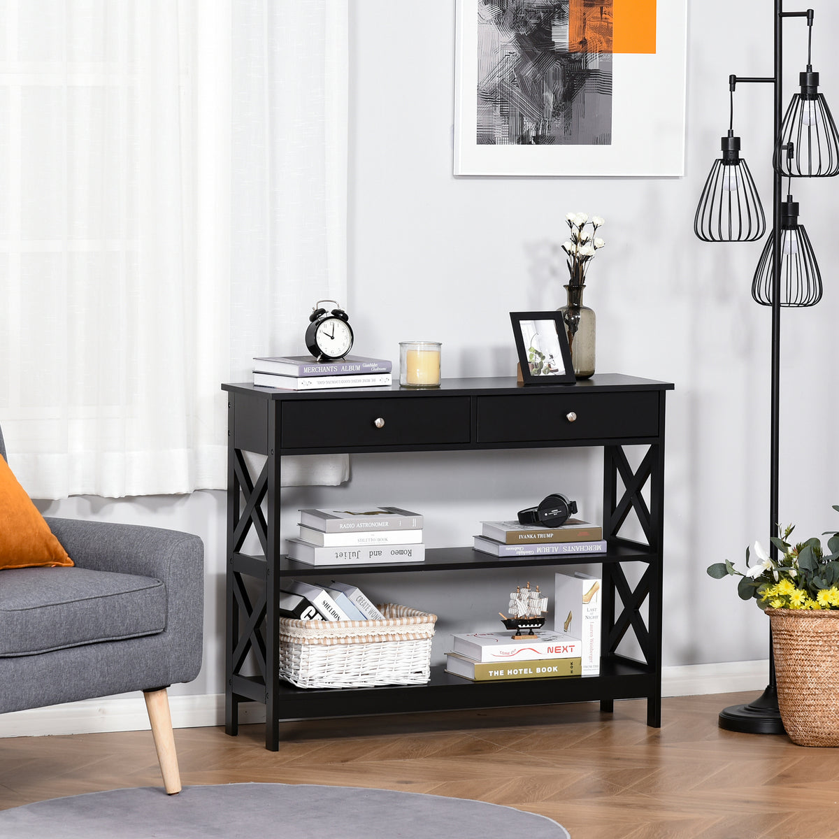 Table de console table d'entrée style table de drapier néo-rétro 2 tiroirs 2 étagères dim. 100L x 30,5l x 80H cm en bois noir