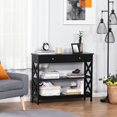 Table de console table d'entrée style table de drapier néo-rétro 2 tiroirs 2 étagères dim. 100L x 30,5l x 80H cm en bois noir