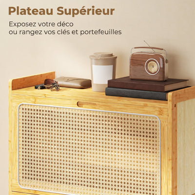Meuble à chaussures 14 paires, armoire à chaussures 2 tiroirs rabattables, étagères réglables, 69x29x83cm, bois naturel