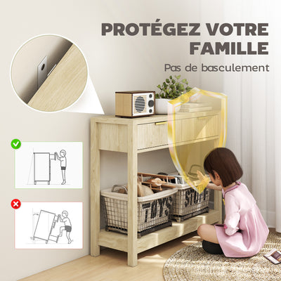 Console meuble 90 cm, table console étroite avec 2 tiroirs rainurés et étagère, style moderne, bois naturel