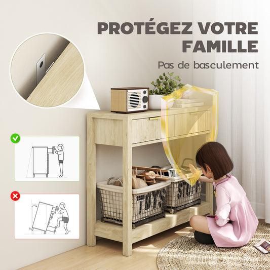Console meuble 90 cm, table console étroite avec 2 tiroirs rainurés et étagère, style moderne, bois naturel