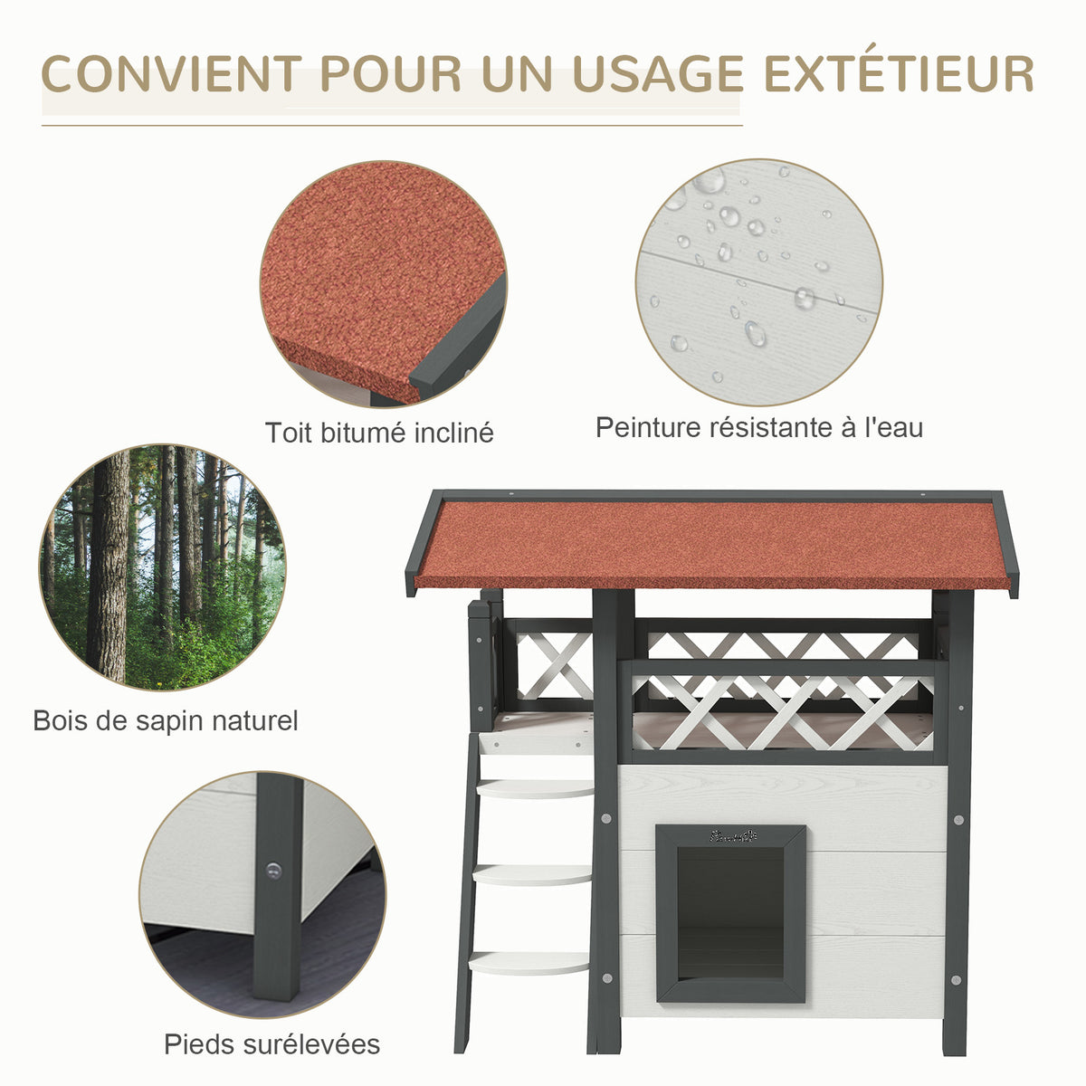 Cabane Chat Extérieur avec Terrasse, Escalier, Toit, Niche Villa, 77 x 50 x 73 cm Blanc et Rouge