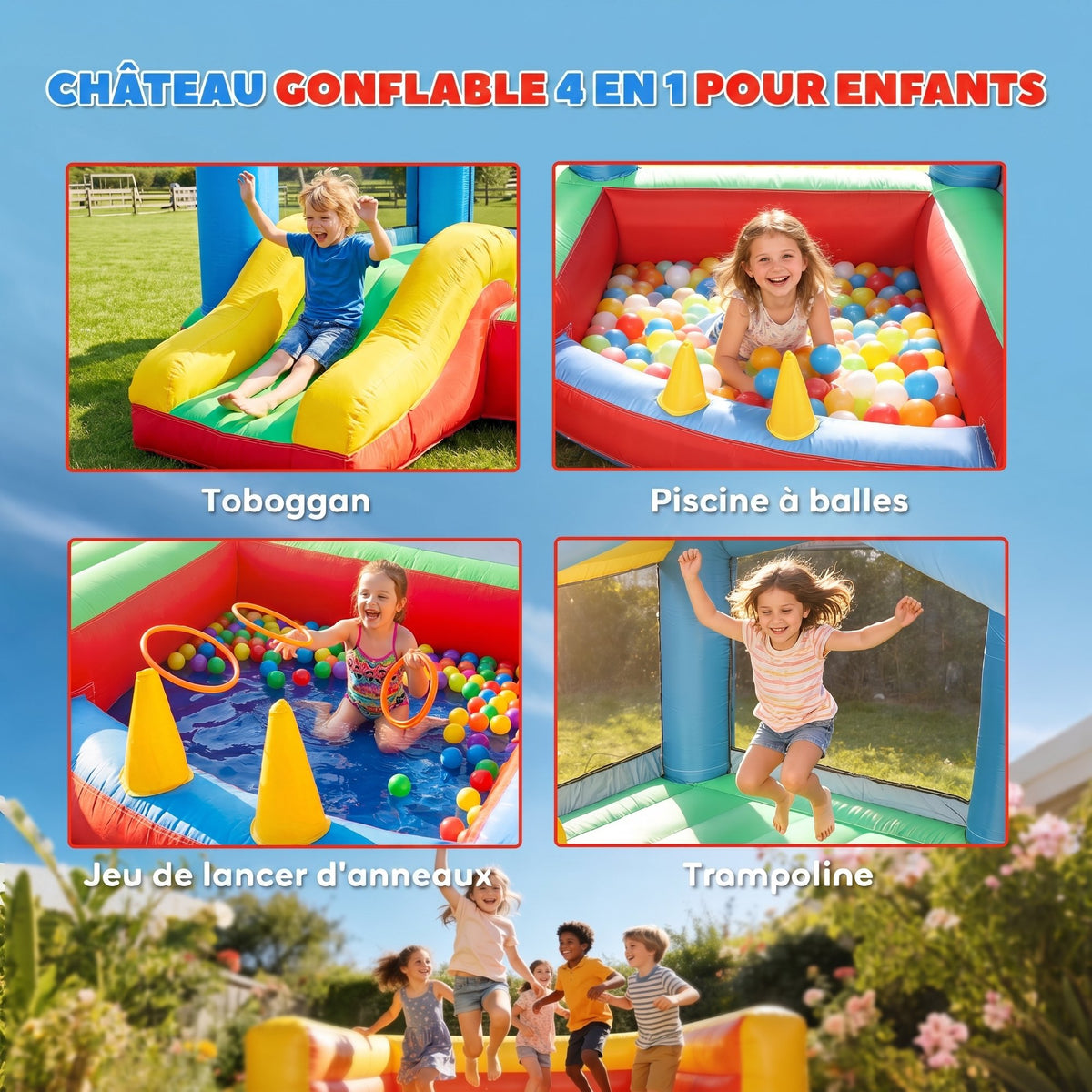 Château gonflable 4 en 1, aire de jeux avec souffleur, toboggan, piscine à balles, jeu de lancer d'anneaux, multicolore