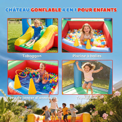 Château gonflable 4 en 1, aire de jeux avec souffleur, toboggan, piscine à balles, jeu de lancer d'anneaux, multicolore