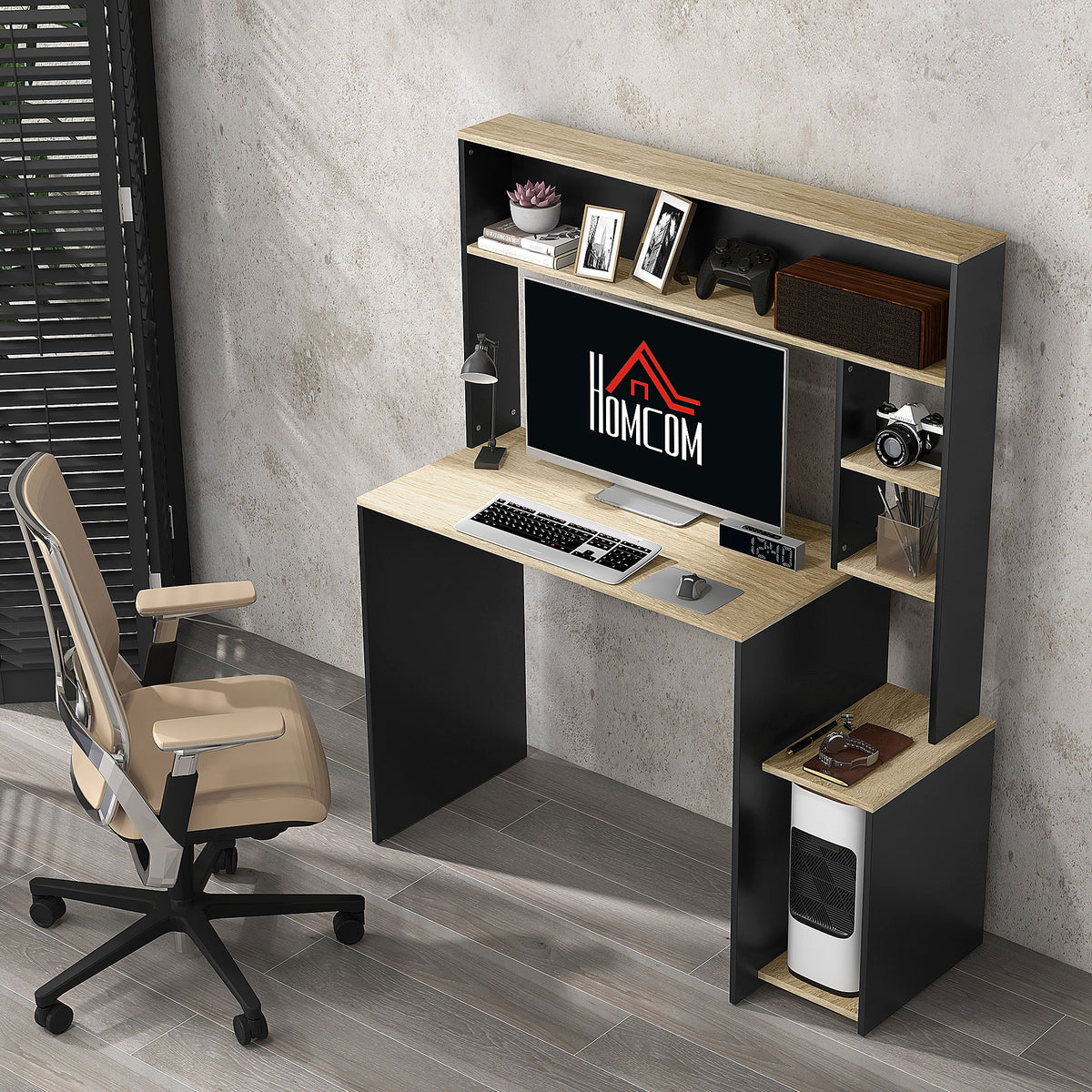 Bureau multi-rangements avec étagères, support pour unité centrale, grand bureau, 114L x 45l x 138H cm