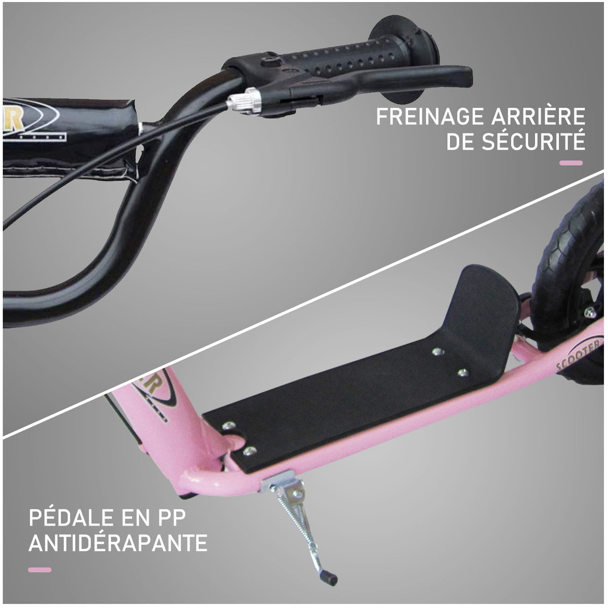 Trottinette enfant patinette pneus 30 cm Hauteur Guidon réglable poignée Frein et béquille Acier pour enfants à partir de 5 ans Rose