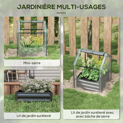Carré potager de jardin avec mini serre, jardinière surélevée en acier galvanisé, 70 x 70 x 90 cm, gris foncé