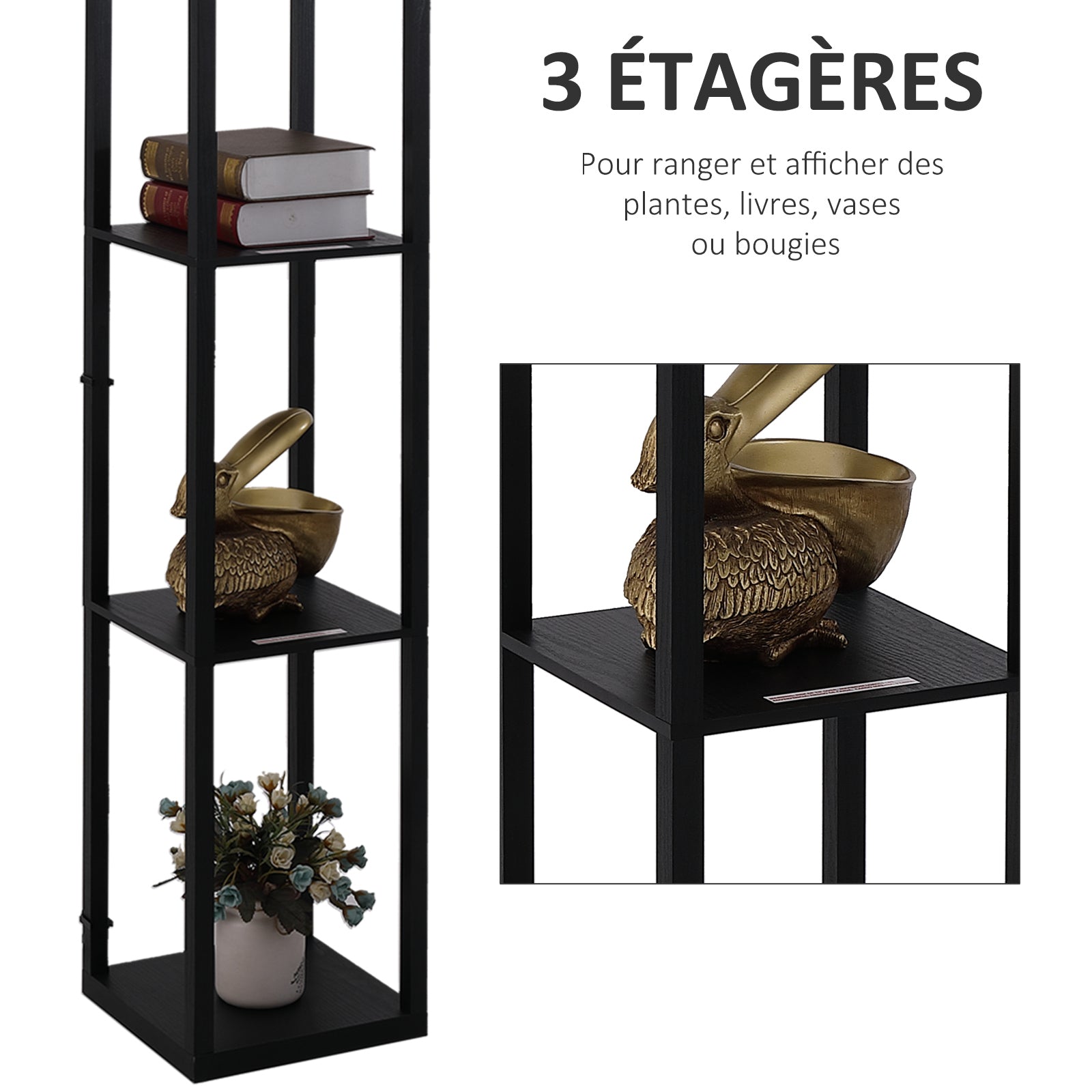 Lampadaire étagère Lampe étagère 26L x 26l x 160H cm 4 Niveaux MDF Noir Motif nid d'abeille