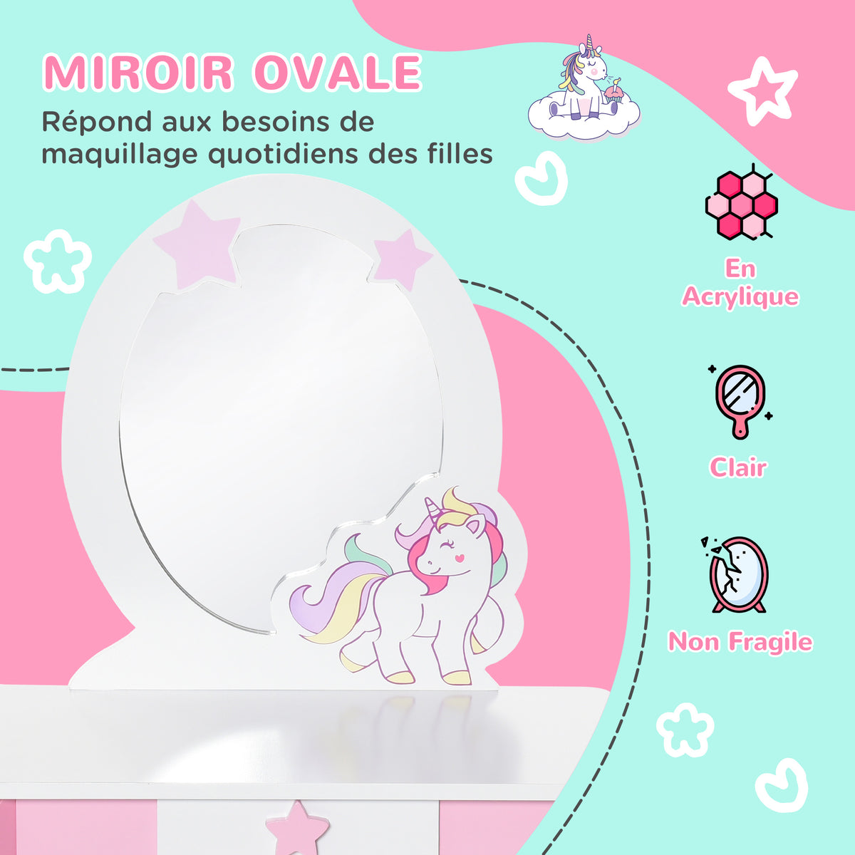 Coiffeuse Enfant Design Licorne - Tabouret Inclus - dim. 49L x 34l x 90H cm - tiroir, Miroir - MDF - Rose Blanc