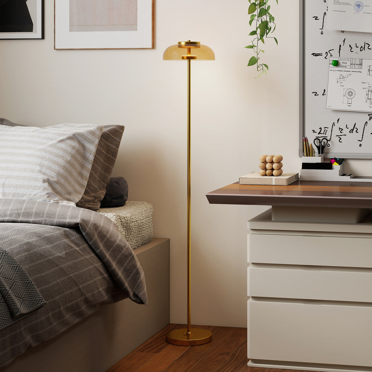 Lampadaire sur pied de salon, lampe salon LED avec lumière chaude 3000 K et interrupteur à pied, Ø25x134cm, ton laiton