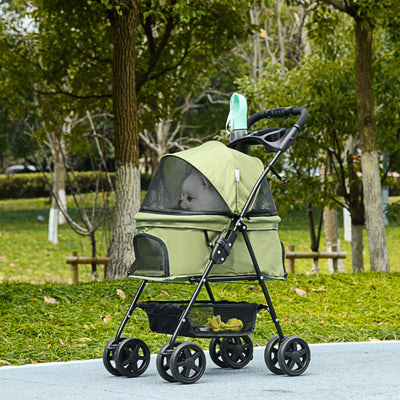 Poussette buggy pliable chien chat panier rangement porte-gobelets tissu 300D Oxford imperméable 4 roues vert